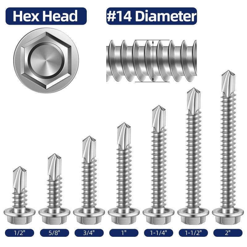 MewuDecor #14 x 1 (3/4" to 3" Available) Hex Washer Head Self Drilling Sheet Metal Screws with Drill Point, Stainless Steel 410, Pack of 50 - Image 3
